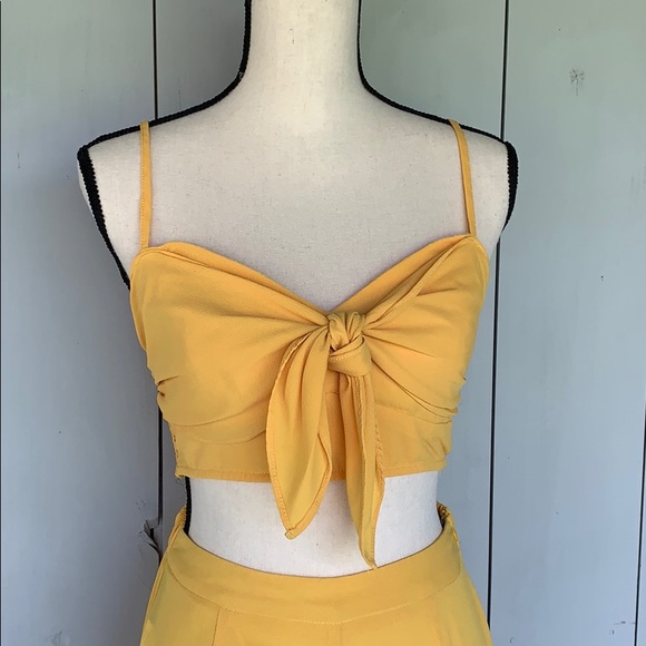 LUXXEL Yellow 2 Piece Halter Top High Waist Pants - Picture 2 of 16